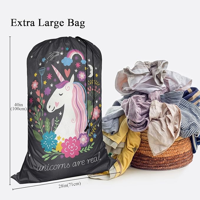Swono Unicorn Are Real Extra Large Laundry Bag with Drawstring Closure 28"x40", Oxford Cloth, Rainbow Cartoon Fairy Star Floral for Home, Dorm and Apartment Dwellers, Magic Animal