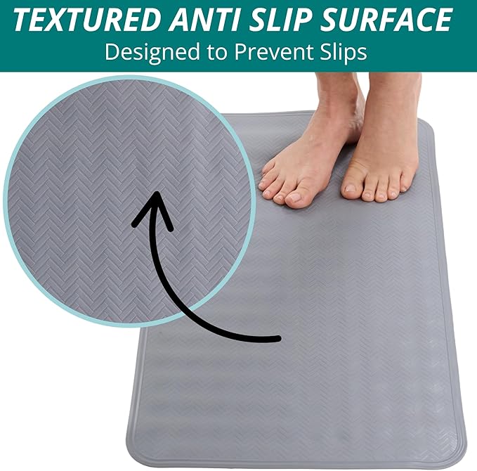 ENKOSI Non Slip Bath Mat for Tub and Shower Floors – Anti Slip Shower Mat with Secure Suction Cup Grip – Soft Grey Bathtub Mat for Inside Bath Tub and Smooth Bathroom Stalls (28x16 Gray)