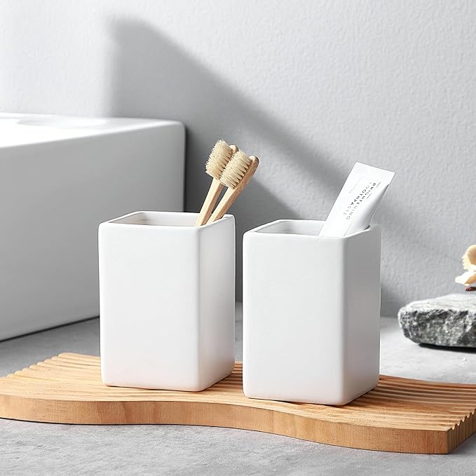 Toothbrush Holders for Bathrooms - 2 Cups Ceramic Square Toothbrush Toothpaste Holders Set, White Square Bathroom Tumbler Cups Reusable Toothbrush Mouthwash Cup, Bathroom Counter Organizer.