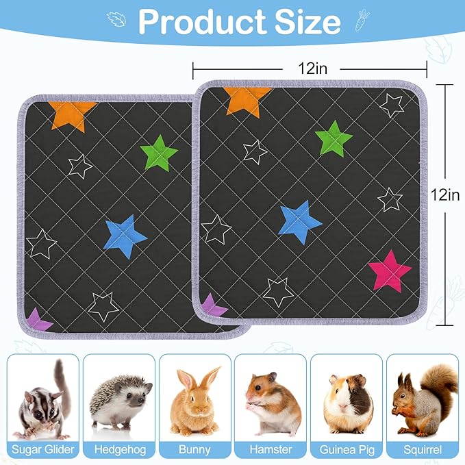 Bienbee Guinea Pig Bedding, 2 Pack 12" x 12" Reusable Guinea Pig Cage Liner Waterproof and Absorbent Small Animal Bedding Washable Guinea Pig Pee Pads for Small Pet Hamster Rabbit Squirrel, Black