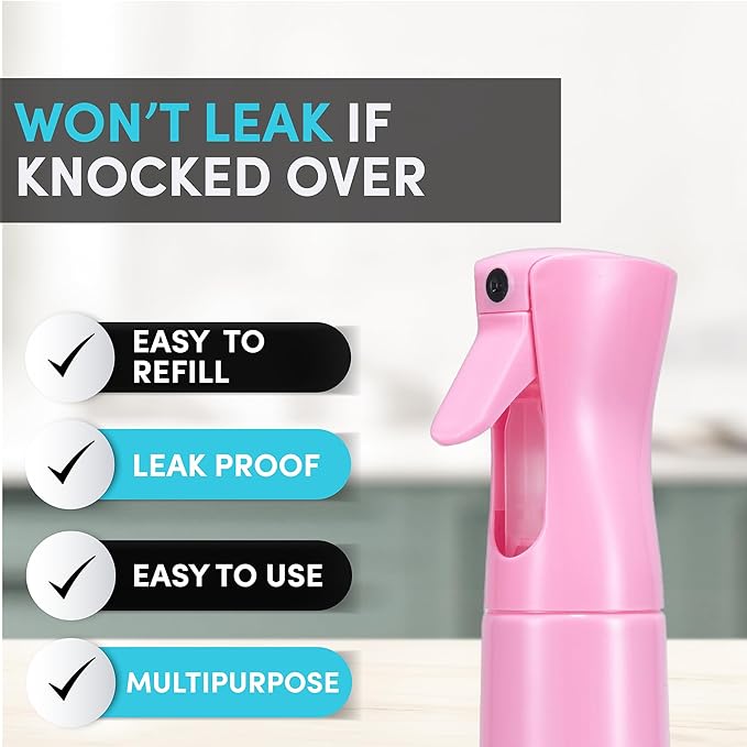 Hula Home Continuous Spray Bottle for Hair (10.1oz/300ml) Empty Ultra Fine Plastic Water Mist Sprayer – For Hairstyling, Cleaning, Salons, Plants, Essential Oil Scents & More - Pink