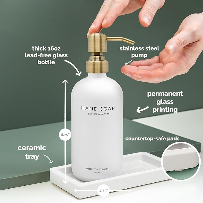 Vine Creations Glass Soap Dispenser Set, Kitchen Soap Dispenser Set with Ceramic Tray, 16 oz Dish Soap and Hand Soap Dispenser Set with Stainless Steel Pump Decor (White Bottle/Brushed Brass)