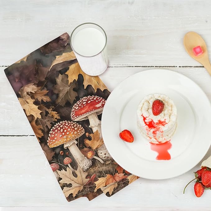 3 Pcs Fall Themed Kitchen Towels, Rustic Pumpkin Decorative Absorbent Microfiber Dish Cloth Tea Towel, Maple Leaves Waffle Soft Hand Towels for Farmhouse Home Kitchen, Mushroom Gifts