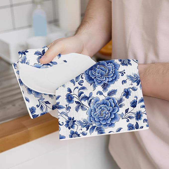 4 Pcs Artistic Floral Kitchen Towels, Traditional Decorative Absorbent Microfiber Dish Cloth Tea Towel, Porcelain Waffle Soft Hand Towels for Farmhouse Home Kitchen, Housewarming Gifts