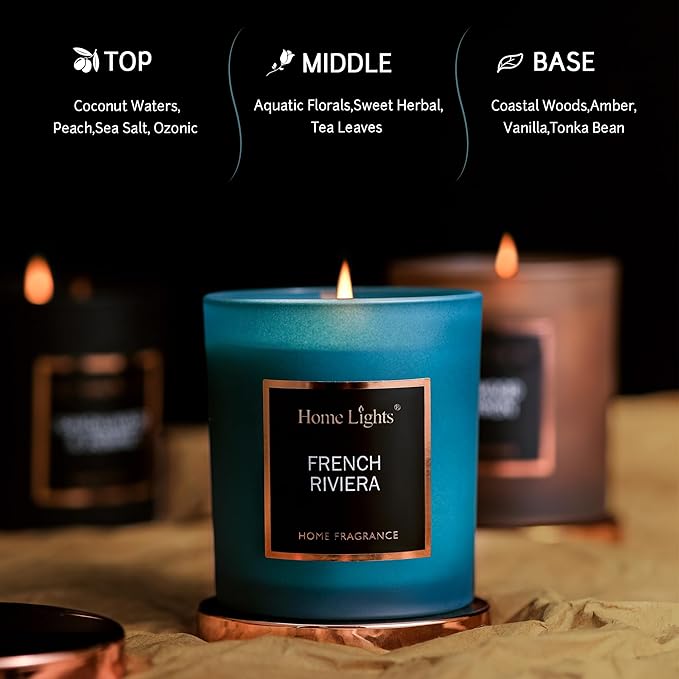HomeLights Luxury Scented Candle, Natural Soy Wax, Home Fragrance Decor Gift,French Riviera, Medium Jar