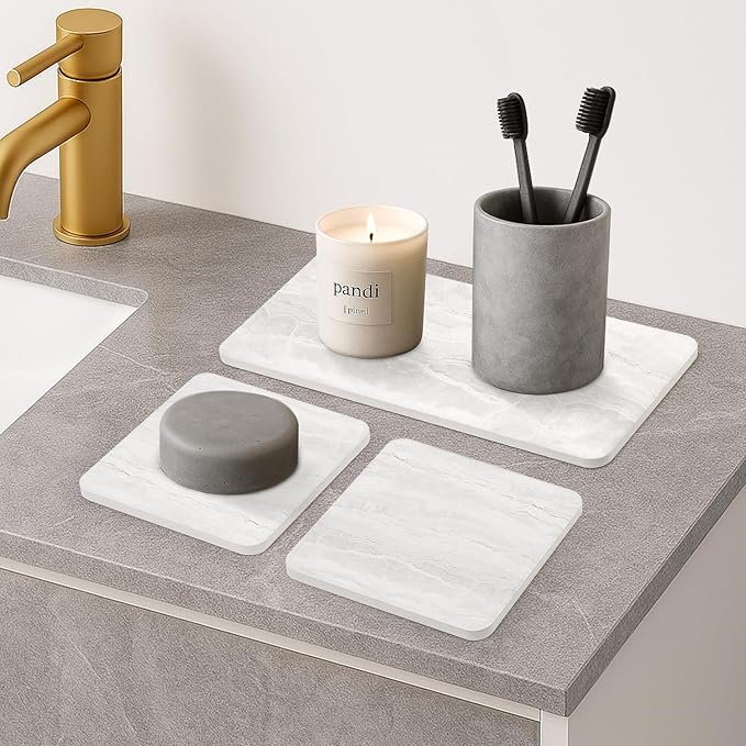 4 Pack Water Absorbing Stone Drying Tray for Bathroom Sink Trays Kitchen Counter Diatomite Stone Quick Dry Diatomaceous Earth Mat for Sink Kitchen Soap Trays Ceramic Marble Bathroom Vanity Tray