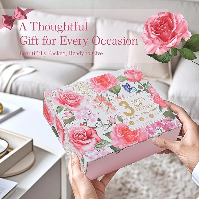 ROMIIE ZOI Rose Liquid Hand Soap Refill Gift Set – 3 Pack (26 Fl Oz Each), Romantic Floral Scent, Moisturizing & Gentle, Biodegradable Formula with Essential Oils for Bathroom, Kitchen