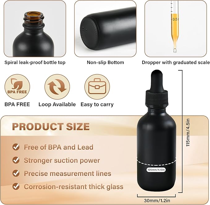 12 Pcs, 2oz Dropper Bottle, Black Glass Eye Dropper Bottle, Tincture Bottles with Dropper, Pretty Finish, Leak-Proof Design, Stronger Suction for All Kinds of Mixed Liquids