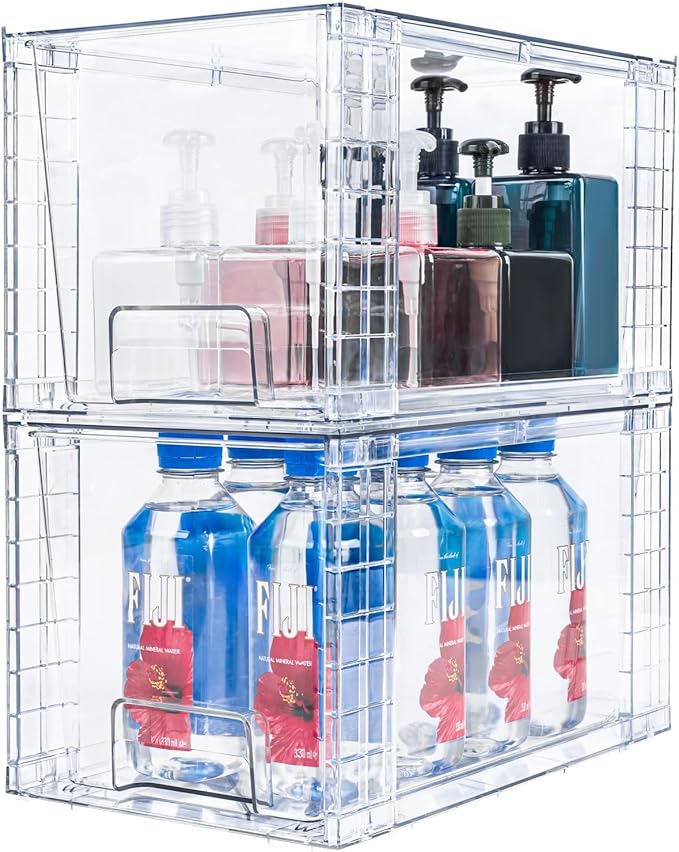2 Pack Large Stackable Storage Drawers,Clear Acrylic Drawer Organizers with Handles, Easily Assemble for Kitchen Undersink,Bathroom,Cabinet,Makeup,Closet,Pantry,Organization and Storage