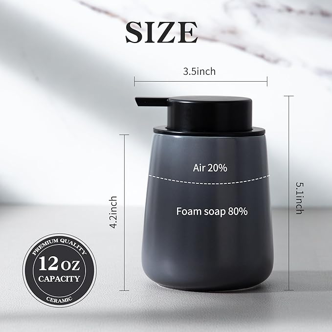Enra Foaming Soap Dispenser,12 oz Foam Ceramic Hand Soap Dispenser, for Bathroom,Kitchen with Easy-to-Press Pump (Gray Poam Type)