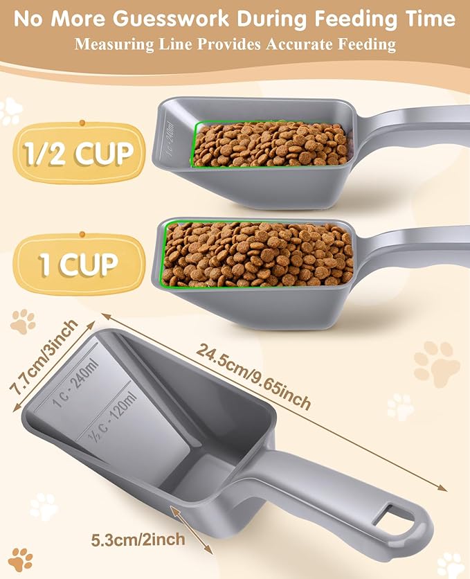 2-Pack Dog Food Scoop 1 Cup, Plastic Pet Food Measuring Scoop With Measuring Lines (1/2 & 1 Cup Markings) for Dogs, Cats, Fish, Bird（Grey)