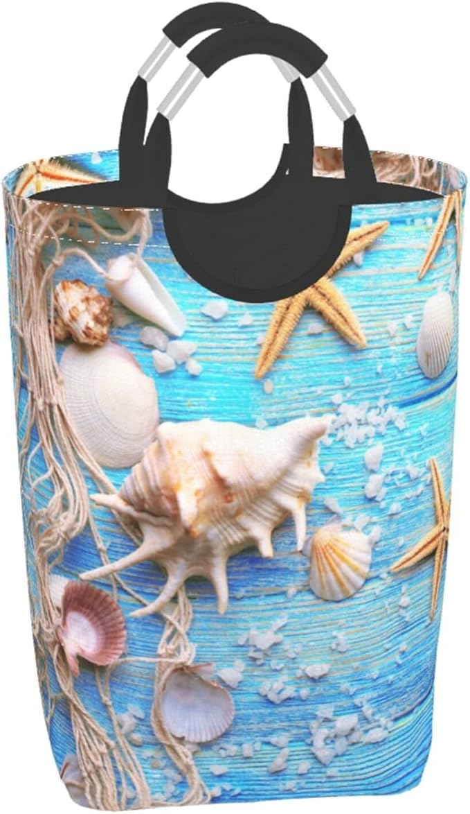 Beach Wooden Starfish Laundry Basket Seashell Laundry Hamper Blue Collapsible Laundry Baskets with Handle Laundry Bag Dirty Clothes Hamper for Dorm Family Bathroom Decor Storage 50L