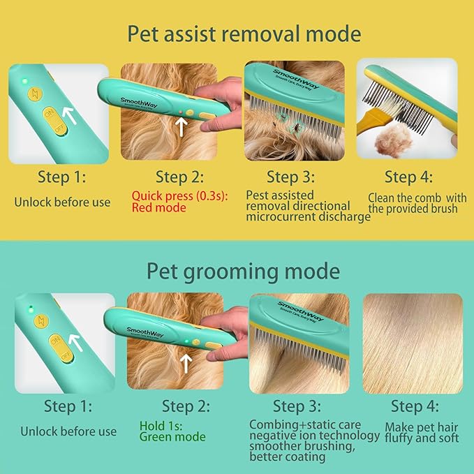 Professional 3-Row Tick & Flea Comb for Dogs & Cats - Stainless Steel Teeth with Negative Ion Anti-Static | Detangling Grooming Tool for Poodles, Shih Tzus & Long Haired Pets