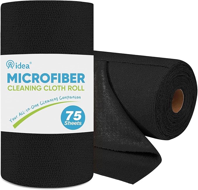 AIDEA Microfiber Cleaning Cloth Roll, 75PK, Black Microfiber Towels for Cars, Reusable Paper Towels Tear Away Cloth, Shop Rags, Lint Free Cleaning Rags for House, Kitchen, Window, 11.5"×11.5"
