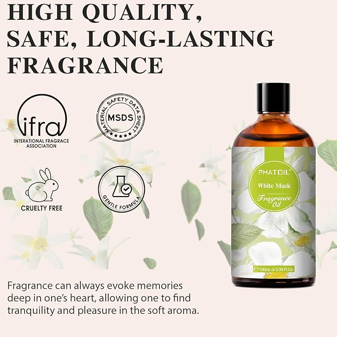 100ML/3.38fl.oz White Musk Fragrance Oils, PHATOIL White Musk Oil for Diffuser, Humidifier, Scented Oils for DIY Soap, Candle Making with Premium Glass Dropper