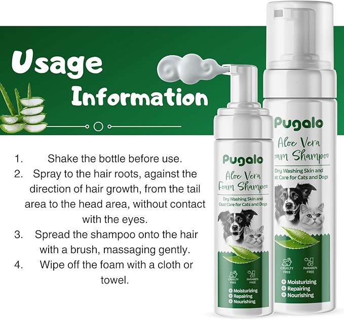 Waterless Cat & Dog Shampoo with Aloe Vera – 200ml No-Rinse Foam Cleanser & Conditioner – Dry Shampoo for Smelly Pets