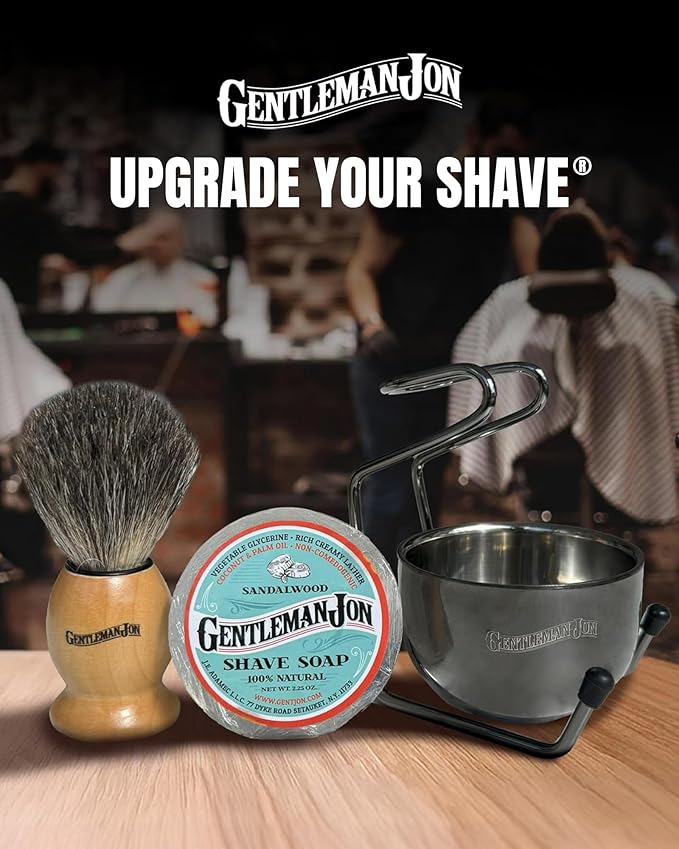 Gentleman Jon Complete Shaving Brush Kit – Old Fashion Shaving Kit for Men, Includes Shave Brush, Shave Bowl, Shave Soap & Stand, Vintage Wet Shave Mug, Barber-Style 4-Piece Gift Set