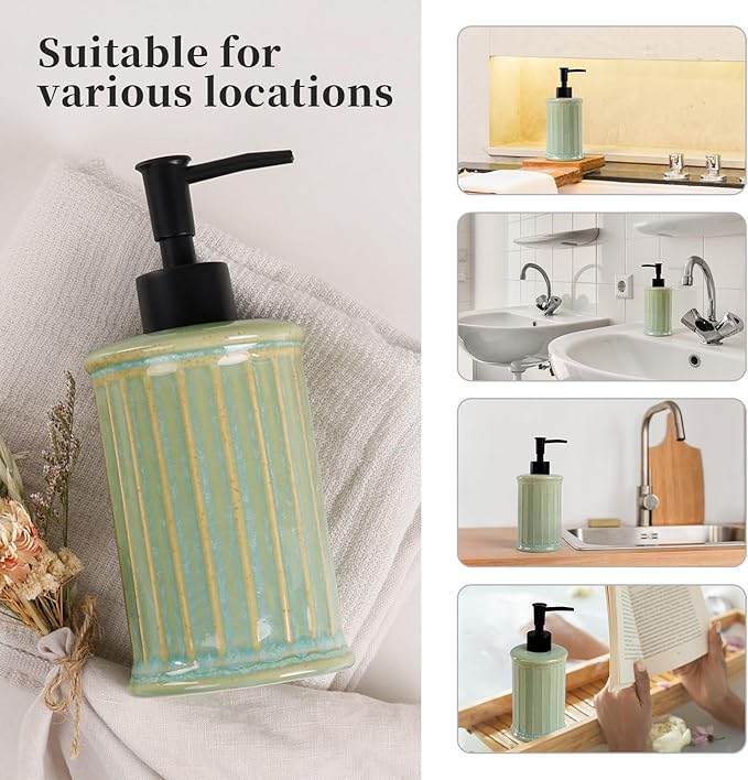 ANTIS'S HOME Soap Dispenser Liquid 11.84OZ | Ceramic Refillable Hand Dish Soap Dispenser for Kitchen Bathroom Light Green
