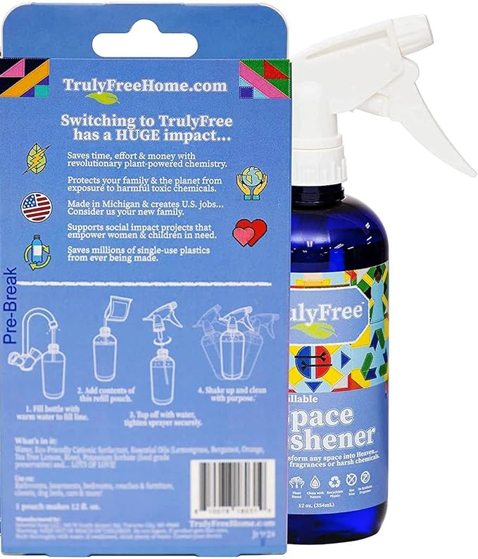 Truly Free Space Freshener Starter Kit, Lemongrass Essential Oil - Car and Air Fresheners for Home, Natural Odor Eliminator Room Spray, 16oz Spray Bottle, 1 Refill (3.4oz) No Synthetic Fragrances