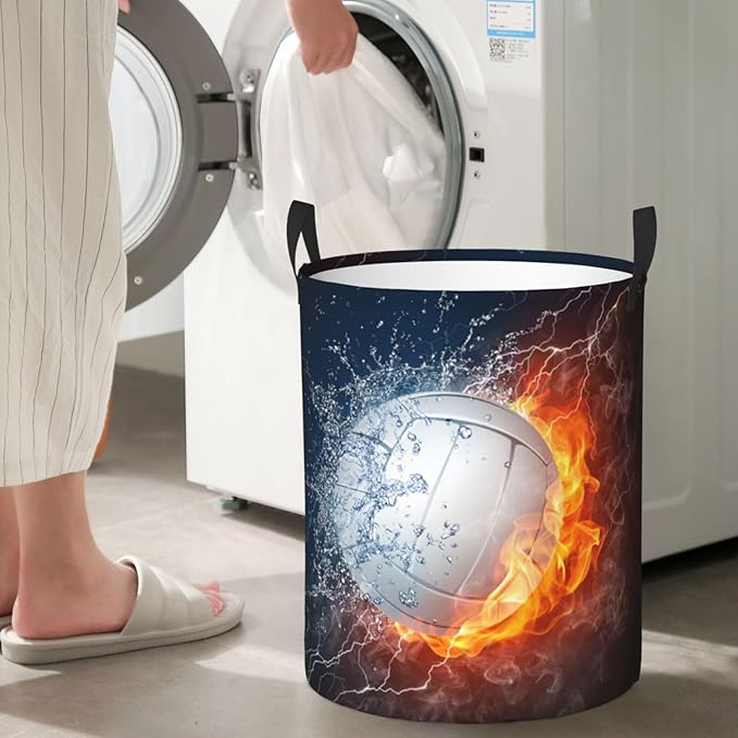 Volleyball Laundry Hamper Bag With Waterproof Liner - Sport Themed Round Laundry Basket Foldable Clothes Storage Organizer For Bathroom Bedroom Nursery Dorm, S-16.5"X 13.8"