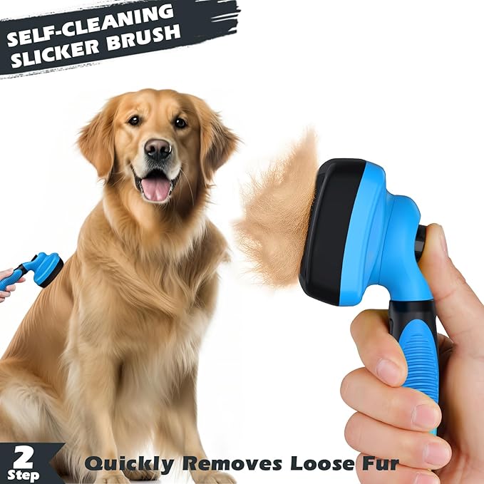 3PCS Self Cleaning Slicker Brush & Pet Grooming Rake & Bath Brush for Dogs and Cats | Double-Sided Dematting Pet Comb & Skin Friendly Deshedding Grooming Tool | Premium Pet Supplies (Blue Black)