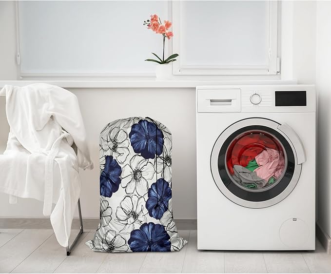 Swono Wild Flower Extra Large Huge Heavy Duty Polyester Laundry Storage Bag with Drawstring, Dark Navy Blue Floral Sketch Washable Travel Dirty Clothes Bag Hamper Liner