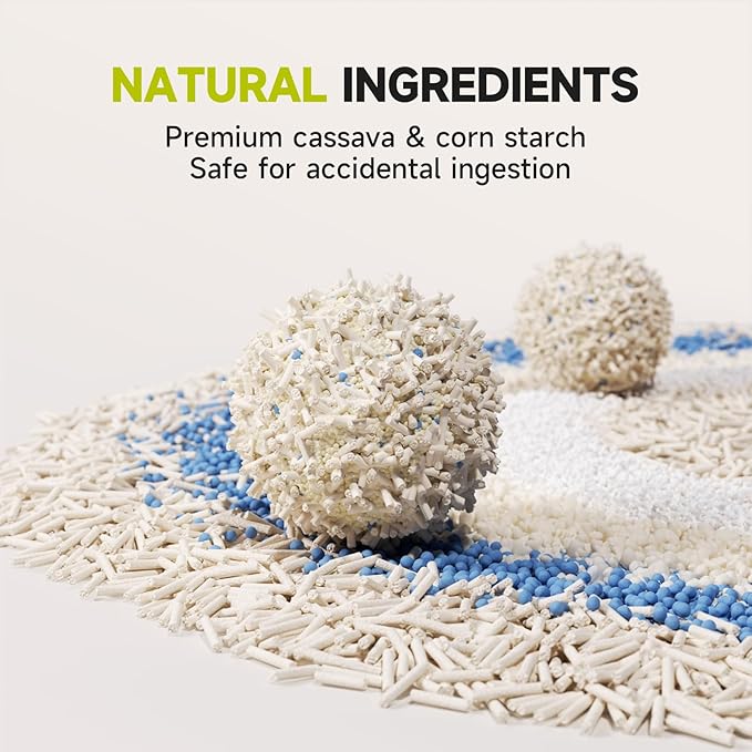 4-in-1 Tofu Cat Litter, Mixed Cassava, Baking Soda, SAP, Natural Plant, Fast Clumping, Strong Water Adsorption & Deodorization, No Tracking, Dust-Free, Flushable, (5.5lbs x 2bags)