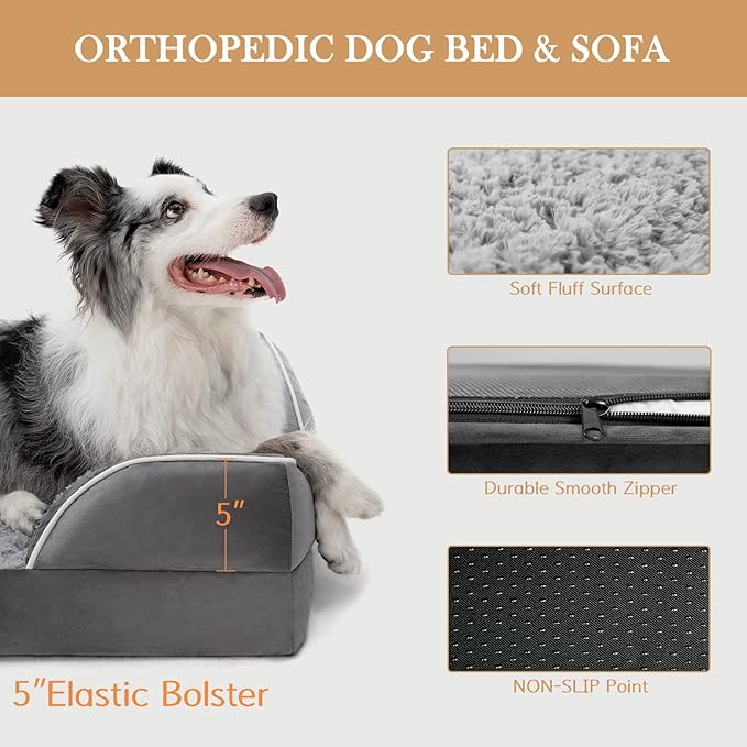 Comfort Expression Orthopedic Dog Bed for Extra Large Dogs 53x42 Inch, Waterproof Supportive Egg Crate Foam XXL Pet Bed with Removable Bolsters, Dog Couch with Washable Cover & Non-Slip Bottom, Grey
