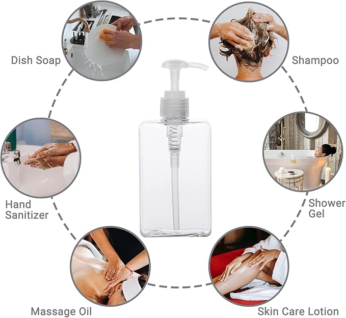 Suream Refillable Shampoo and Conditioner Bottles, 9.5oz/280ml Clear Plastic Pump Dispensers for Shower, Square Empty Bathroom Bottle for Body Wash, Essential Oil, Soap Liquid, Lotion, 3Pack