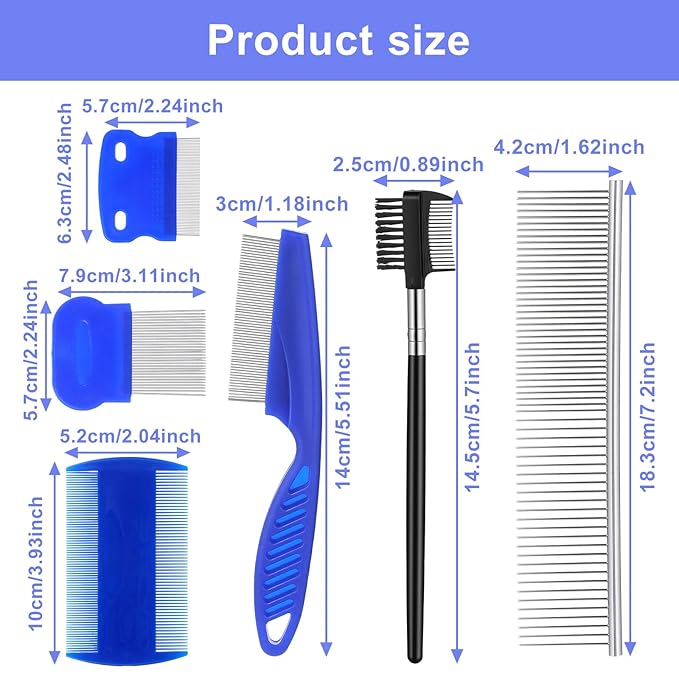 6-Pack Flea Comb for Cats Stainless Steel Lice Comb Set Dog Flea Brush Double-Sided Tear Stain Remover Pet Grooming Kit for All Types of Small Medium Large Pets (Blue)