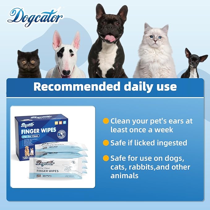 Dog Finger Wipes, 120 Count Ear Cleaner for Dogs Cats Bathing Wipes, Pet Dental Clean Finger Wipes, Natural Puppy Eye Wipes | Soothes Itchy Dry Skin, Coconut Scent Dog Ear Infection Treatment