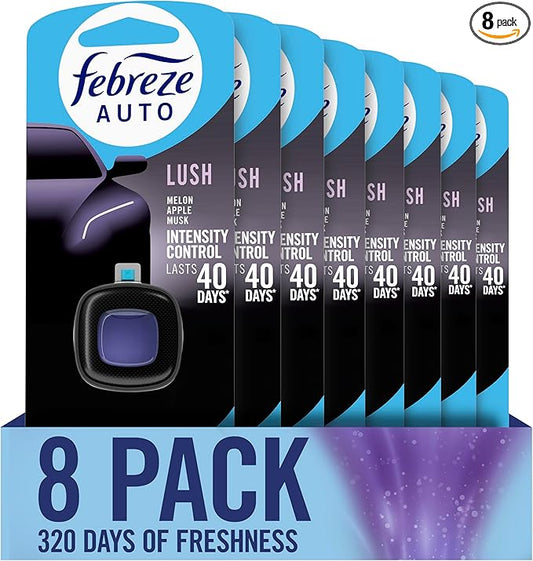 Febreze AUTO Air Freshener, Odor-Fighting Automotive Vent Clip, Lush Scent, 8 Count