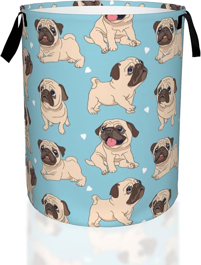 Funny Cartoon Pugs Puppies Laundry Basket,Waterproof Foldable Laundry Hamper,Dirty Clothes Laundry Basket, Linen Bin Storage Organizer for Toy Collection 16" x 20"