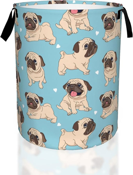Funny Cartoon Pugs Puppies Laundry Basket,Waterproof Foldable Laundry Hamper,Dirty Clothes Laundry Basket, Linen Bin Storage Organizer for Toy Collection 16" x 20"