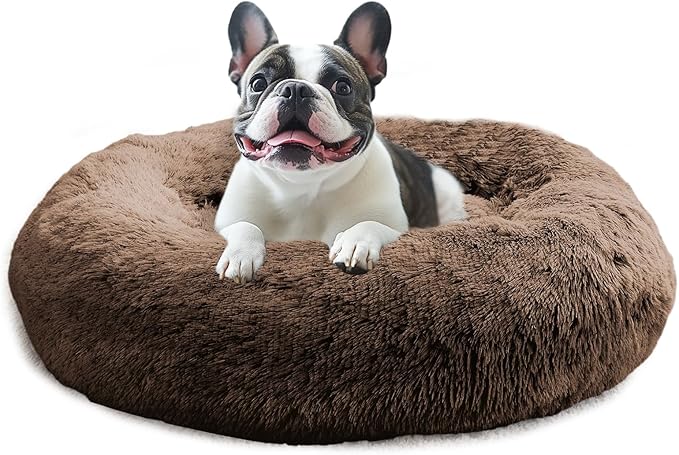 JOLLYVOGUE Small Dog & Cat Beds for Indoor Cats, Donut Cuddler Warming Soft Dog Beds with Anti-Slip Bottom, Round Calming Fluffy Plush Faux Fur Cushion Bed for Small Dogs (23", Coffee)
