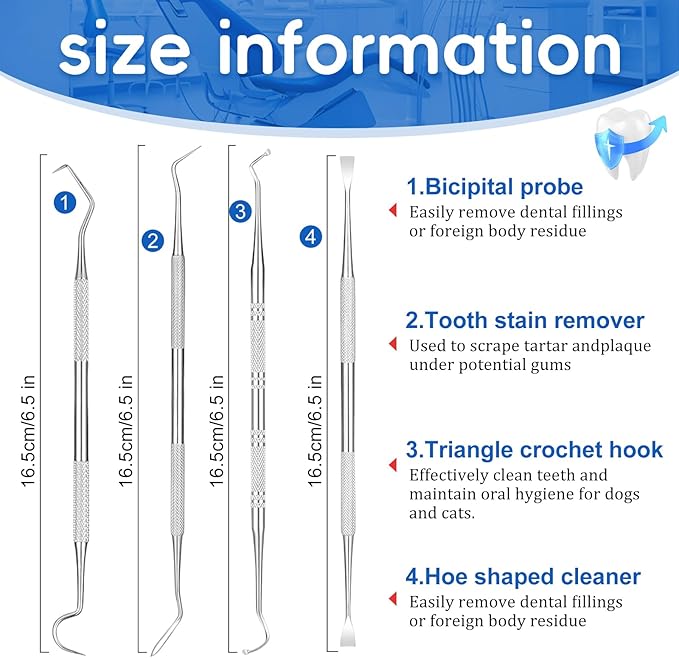 4 Pack Stainless Steel Pet Dental Tools for Dogs and Cats, Professional Tartar Remover Scraper Kit for Teeth Cleaning, Plaque and Calculus Control, Oral Care Hygiene for Home or Vet Use