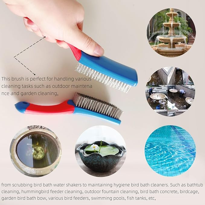 2 Pcs Bird Bath Hard Wire Brushes，Iron Out Rust Stain Remover，Bathtub Cleaning Brush，Hummingbird Feeder Cleaning Brushes，Outdoors Fountain Cleaner Safe for Birds，Bird Cage，Concrete，Birdbaths，Bow
