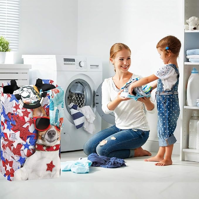 visesunny American Patriotic Dog Blue Red White Star Animal Large Laundry Hamper with Handle Toys and Clothing Organization for Bathroom, Bedroom, Home, Dorm, Travel