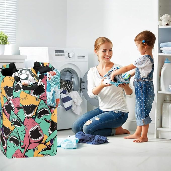 visesunny Colorful Shark Cartoon Large Laundry Hamper with Handle Foldable Durable Clothes Hamper Laundry Bag Toy Bin for Bathroom, Bedroom, Dorm, Travel