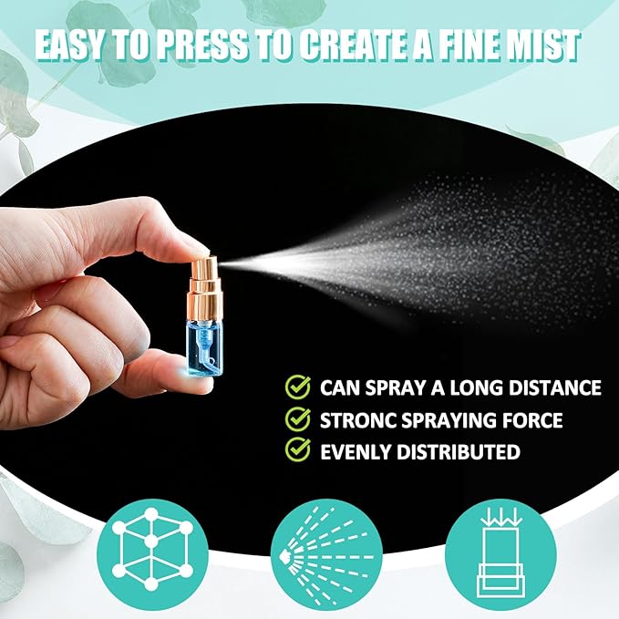 Zhehao 50 Pcs Mini Spray Bottles 2 ml Clear Glass Perfume Bottles Refillable Fine Mist Perfume Atomizer Portable Empty Sample Containers for Cleaning, Essential Oils, Travel (Gold Cap)