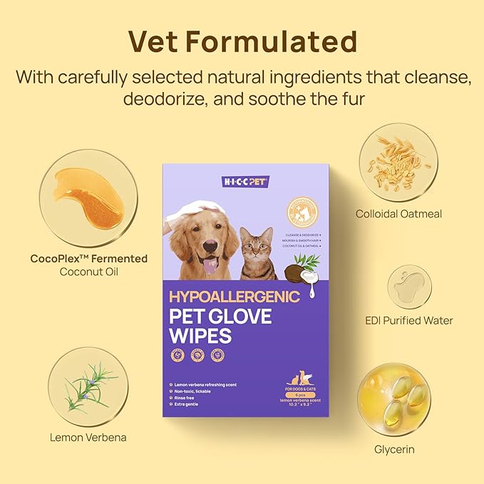 HICC PET Cleaning Deodorizing Glove Wipes for Dogs & Cats, Vet Recommended Hypoallergenic Hydrating & Nourish Fur Pet Grooming Glove Wipes, Pet Bathing Wipes for Horse Coat Care