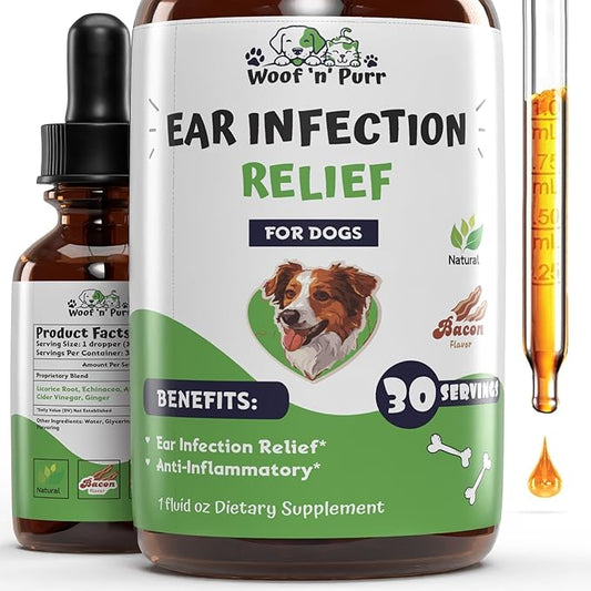 Woof 'n' Purr Natural Dog Ear Cleaner and Infection Treatment for Dogs - Dog Drops for Itching, Irritation, & Redness - Ear Infection Treatment for Dogs - 1 fl oz - Bacon Flavor