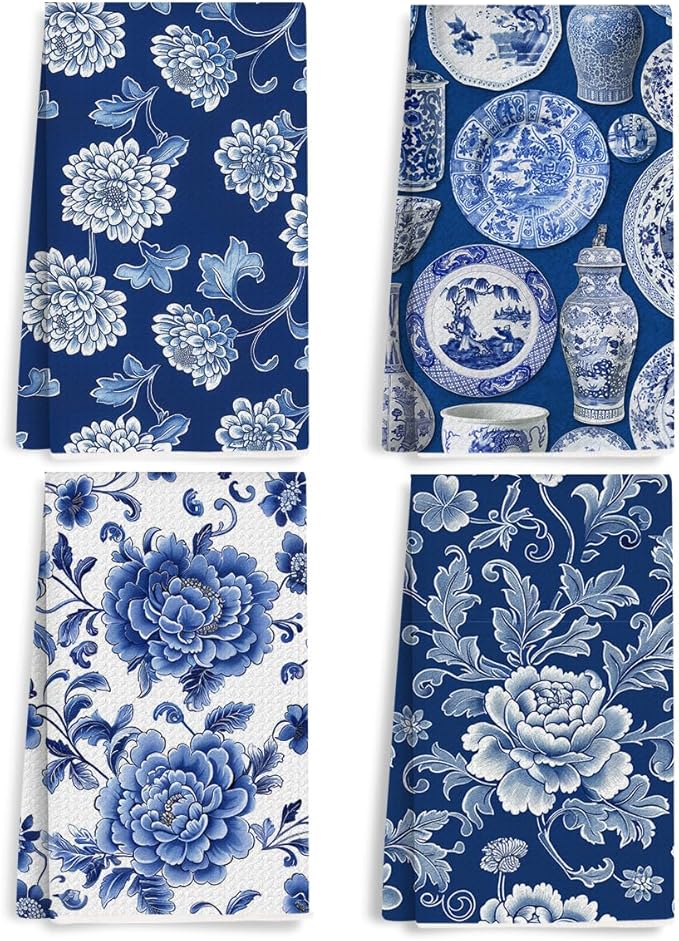 4 Pcs Artistic Floral Kitchen Towels, Traditional Decorative Absorbent Microfiber Dish Cloth Tea Towel, Porcelain Waffle Soft Hand Towels for Farmhouse Home Kitchen, Housewarming Gifts