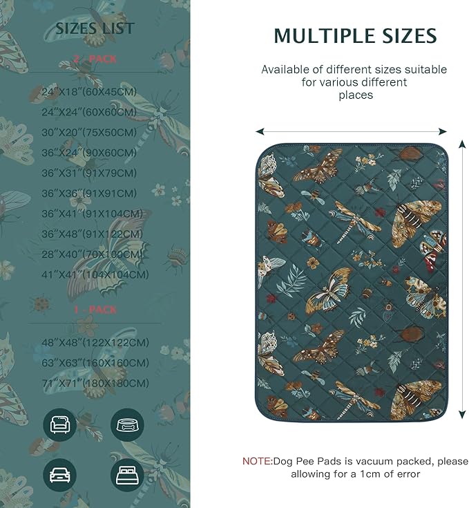 IEUUMLER Washable Pee Pads for Dogs, 2 Pack Insect Pattern Reusable Waterproof Puppy Potty Pads, Non-Slip Absorbent Pet Training Pads for Playpen Crate Bed EU014