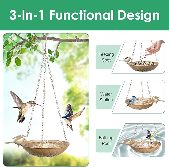 2 Pack Hanging Bird Bath for Outside, Metal Birds Feeder & Water Bowl with Chains and S-Hooks,Birdbath Hanging for Outdoors Bird Feeder Seed Tray Garden Yard Decor (Rustic Gold)