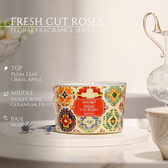 HomeLights 4-Wick Candles for Home Scented - 18oz Soy Wax Blend Candle Long-Lasting Fragrance, Bohemian Natural Textures Home Decor and Housewarming Gifts, Fresh Cut Roses