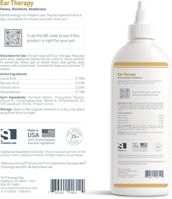 Veterinary Formula Clinical Care Ear Therapy Bundle with Cleaner Solution 8 Fl Oz + Cleaner Wipes 100 ct – Cat & Dog Ear Cleaner, Helps Soothe Itchiness and Clean The Ear Canal of Debris and Buildup