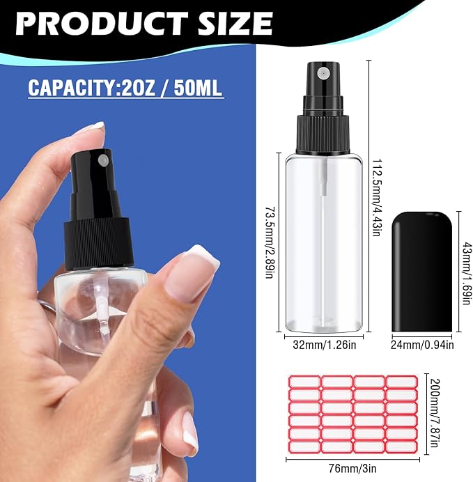 100 Pack 2oz/55ml Plastic Small Spray Bottles Mini Travel Spray Bottle with Black Cap Empty Fine Mist Spray Bottles Refillable Liquid Container for Perfumes Travel Makeup