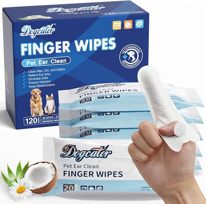 Dog Finger Wipes, 120 Count Ear Cleaner for Dogs Cats Bathing Wipes, Pet Dental Clean Finger Wipes, Natural Puppy Eye Wipes | Soothes Itchy Dry Skin, Coconut Scent Dog Ear Infection Treatment