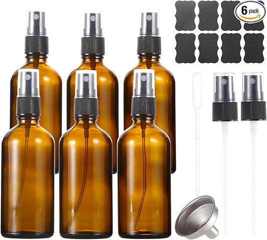 3.4 oz Amber Glass Spray Bottles,Empty Fine Mist Refillable Travel Spray Bottle for Cleaning,Perfume,Aromatherapy,Cosmetic Sprays,Hair,Essential Oils with Fine Mist Dispenser（6 Pack）